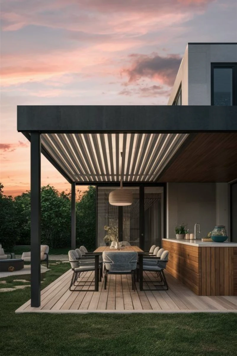 a pergola with louvered roof