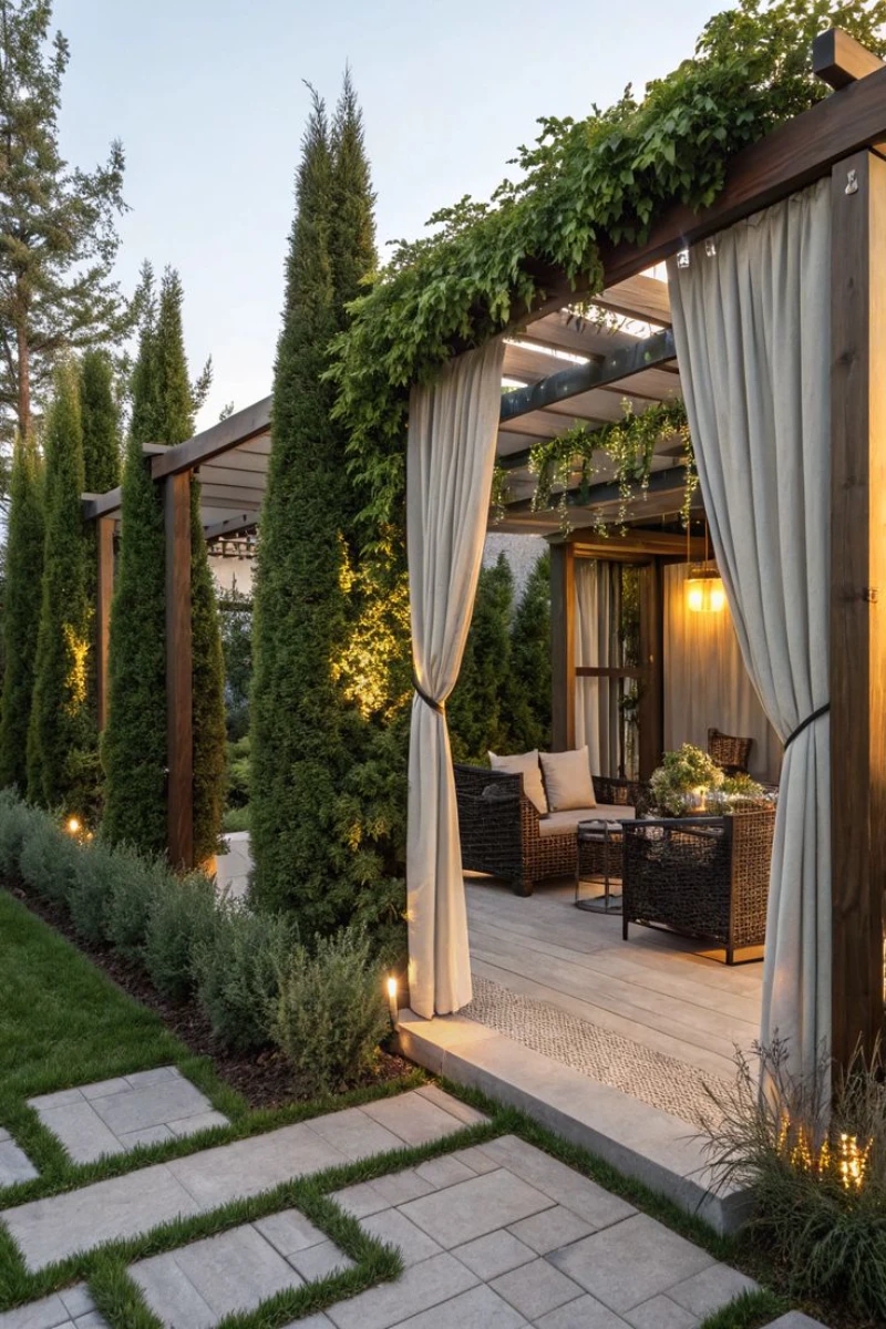 a pergola with curtains and plants