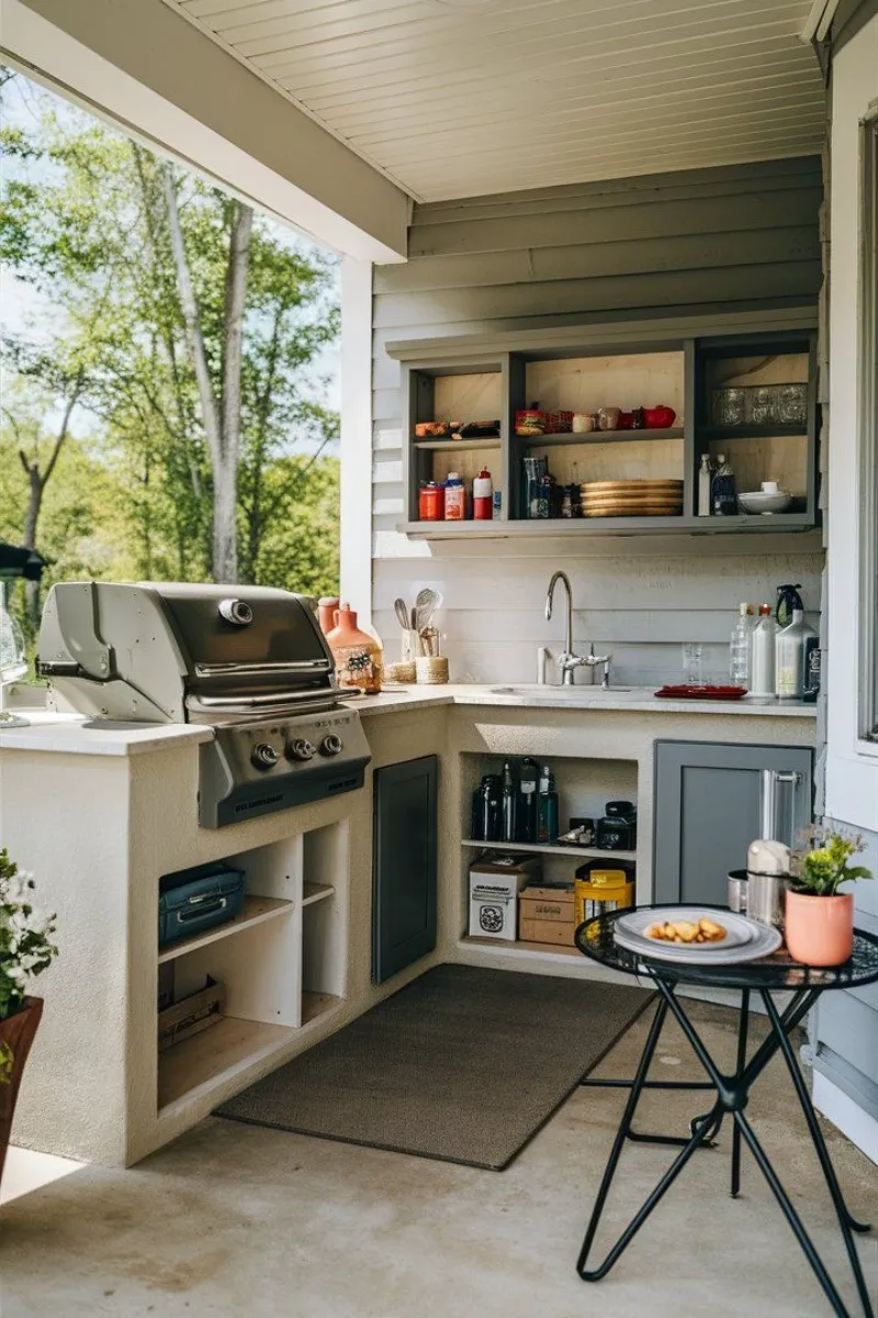a small outdoor bbq area with built in grill and counter