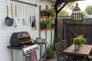 a small outdoor bbq area with movable grills and foldable seating
