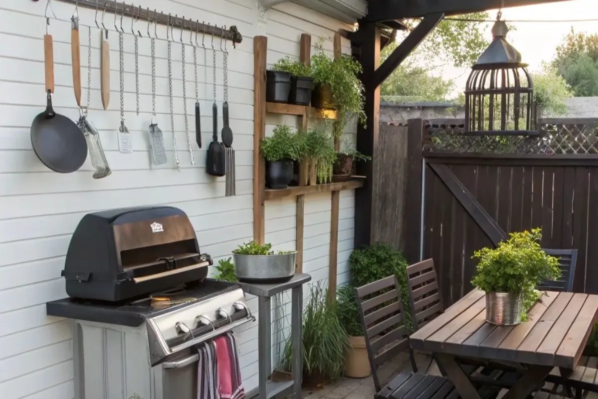 a small outdoor bbq area with movable grills and foldable seating