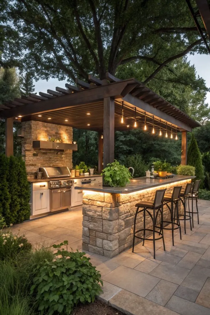 a small outdoor bbq area with smart layout and lighting
