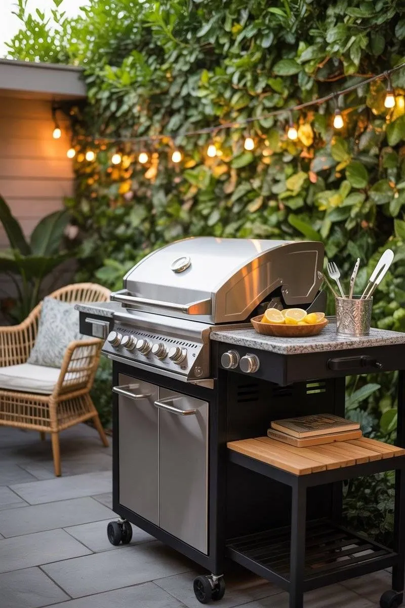 a small outdoor bbq area with movable grills