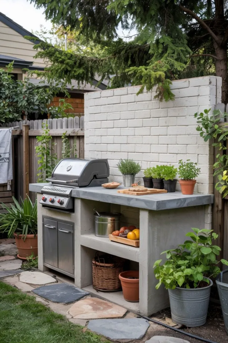 a small outdoor bbq area with potted herbs on the counter