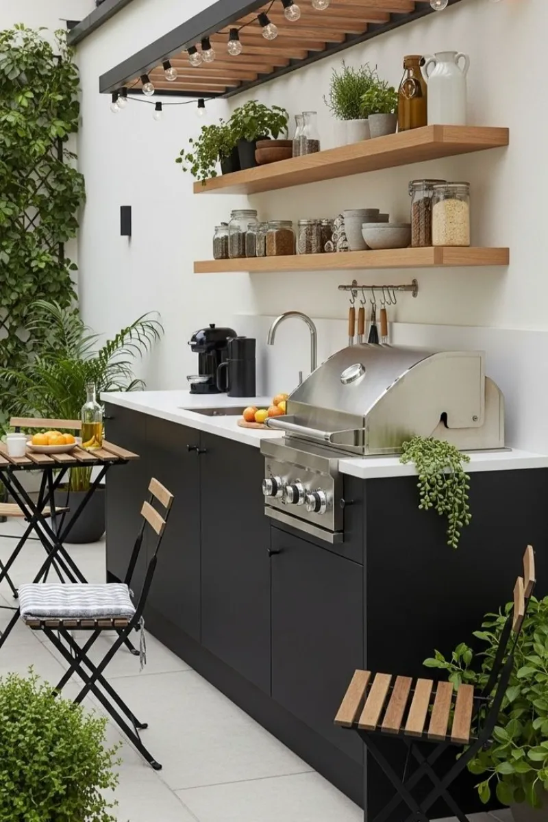 a small outdoor bbq area with open shelves for storage