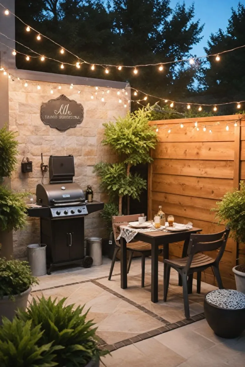 a small outdoor bbq area with string lights