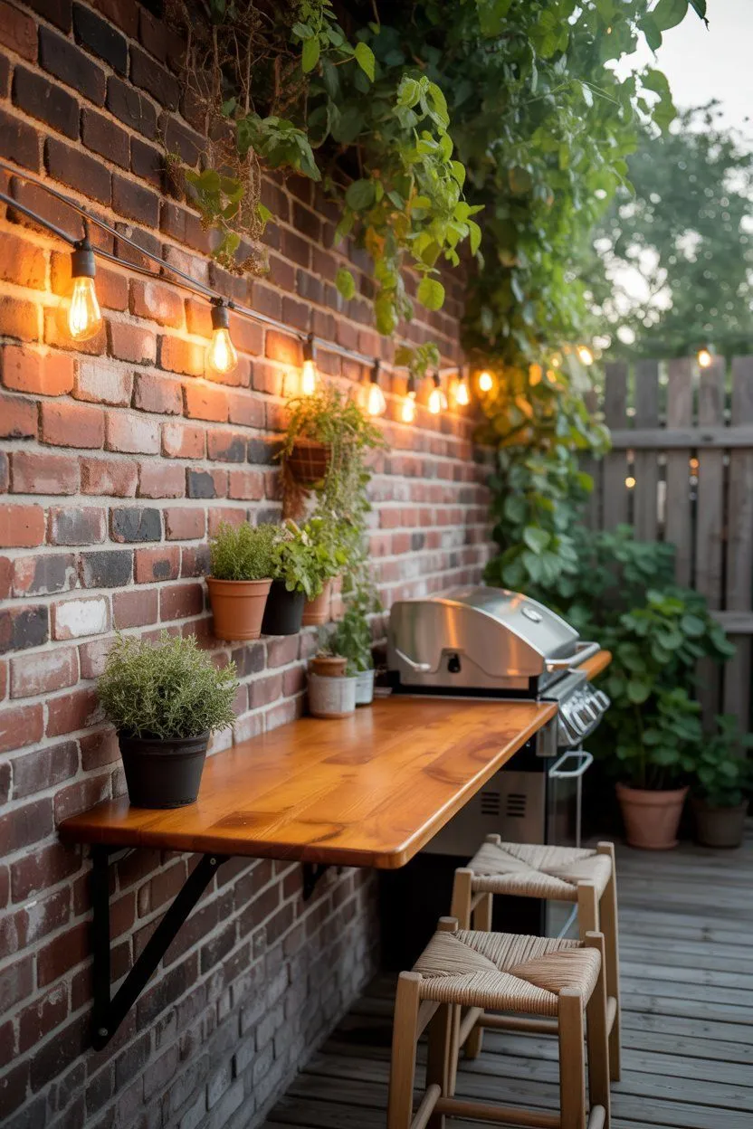 a small outdoor bbq area with a wall-mounted foldable table