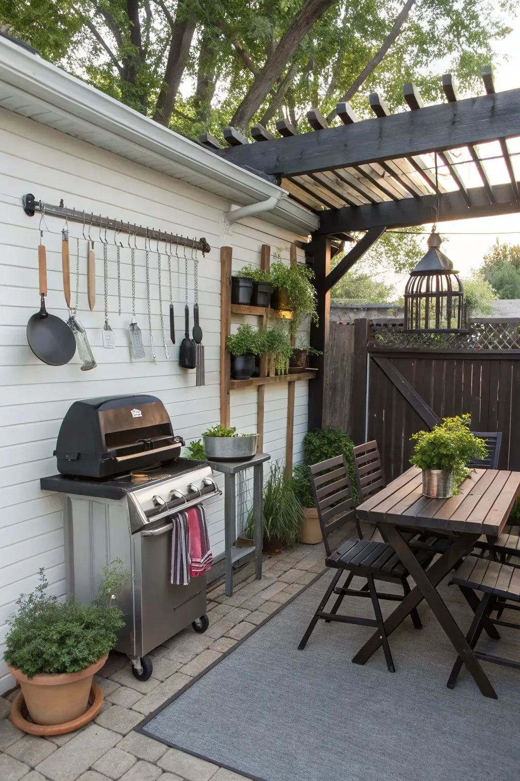 a small outdoor bbq area with a movable grill, foldable table and chairs