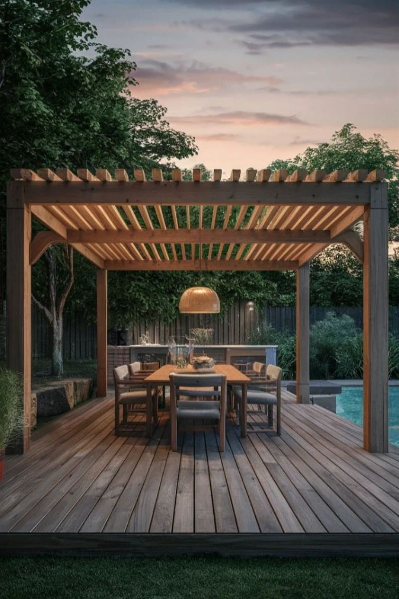 a pergola with wood slat roof