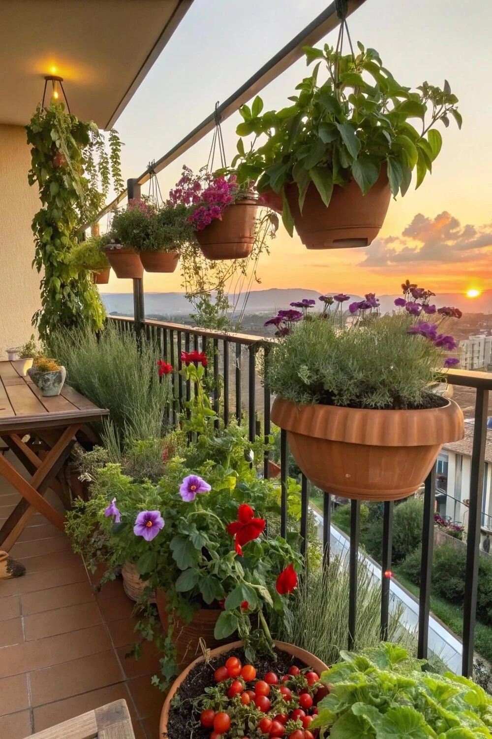 a balcony garden with hanging baskets