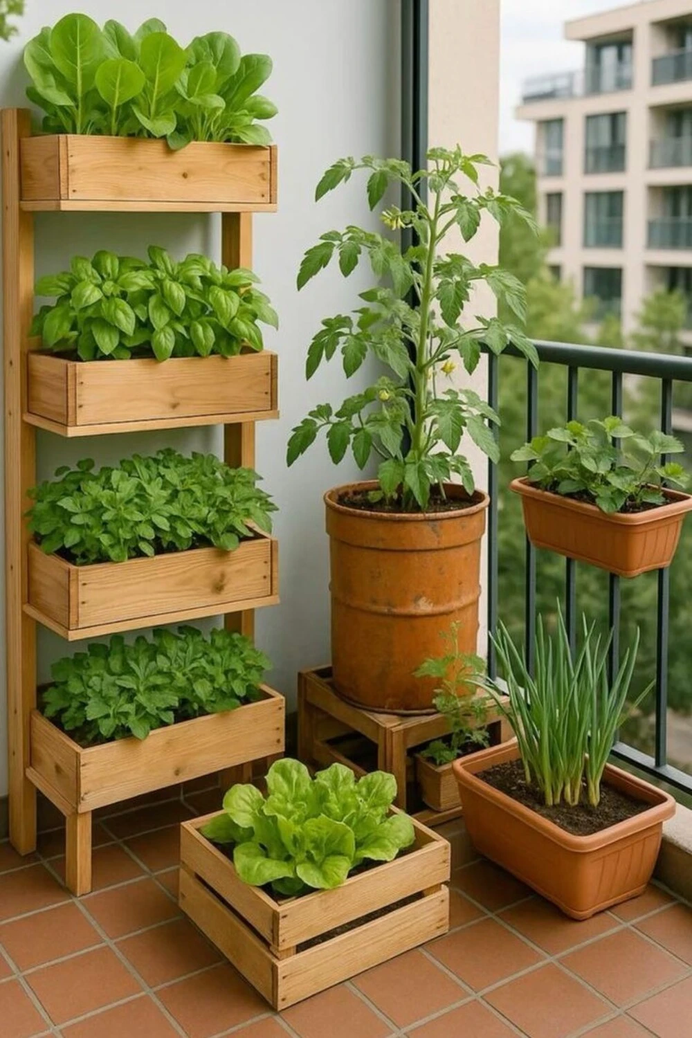 a balcony garden with multi level shelves