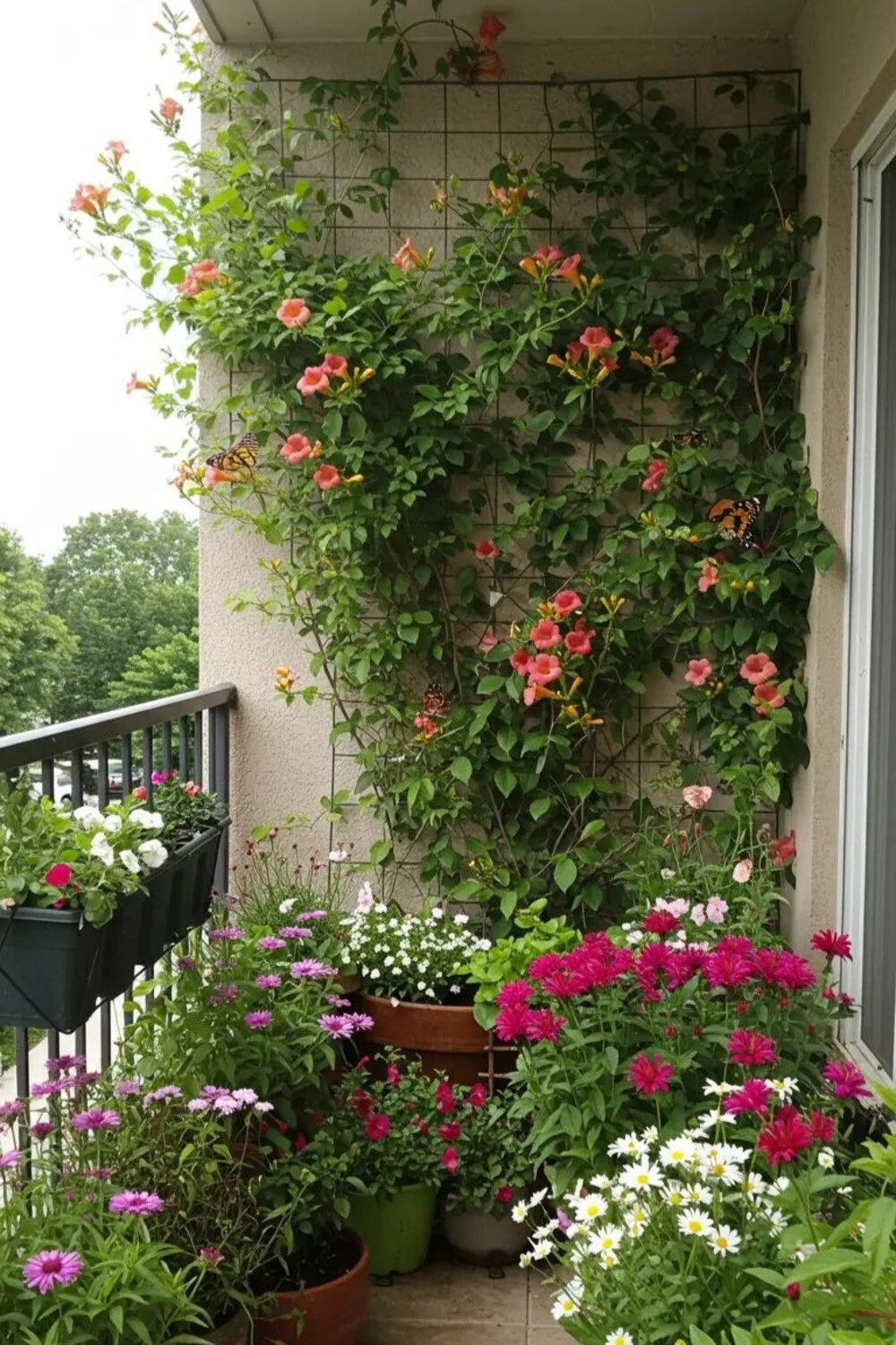 a balcony garden with flowers and climbing plants