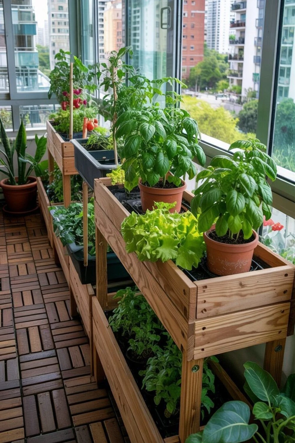 a balcony garden with tomatoes and vegetable