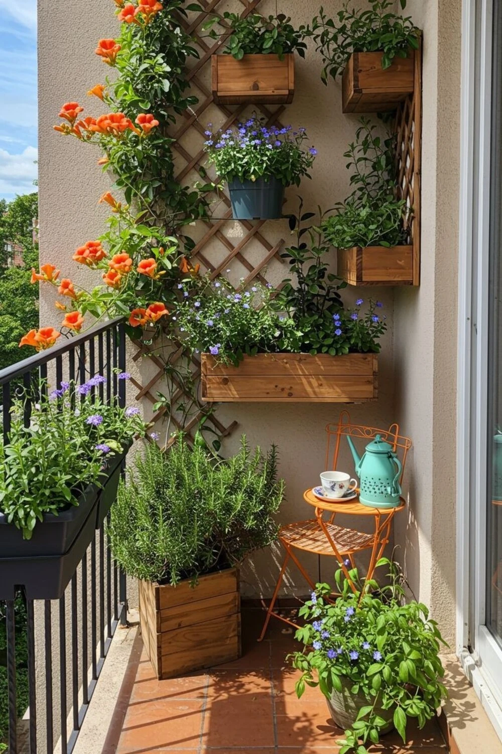 a balcony garden with vertical lattice and potted plants