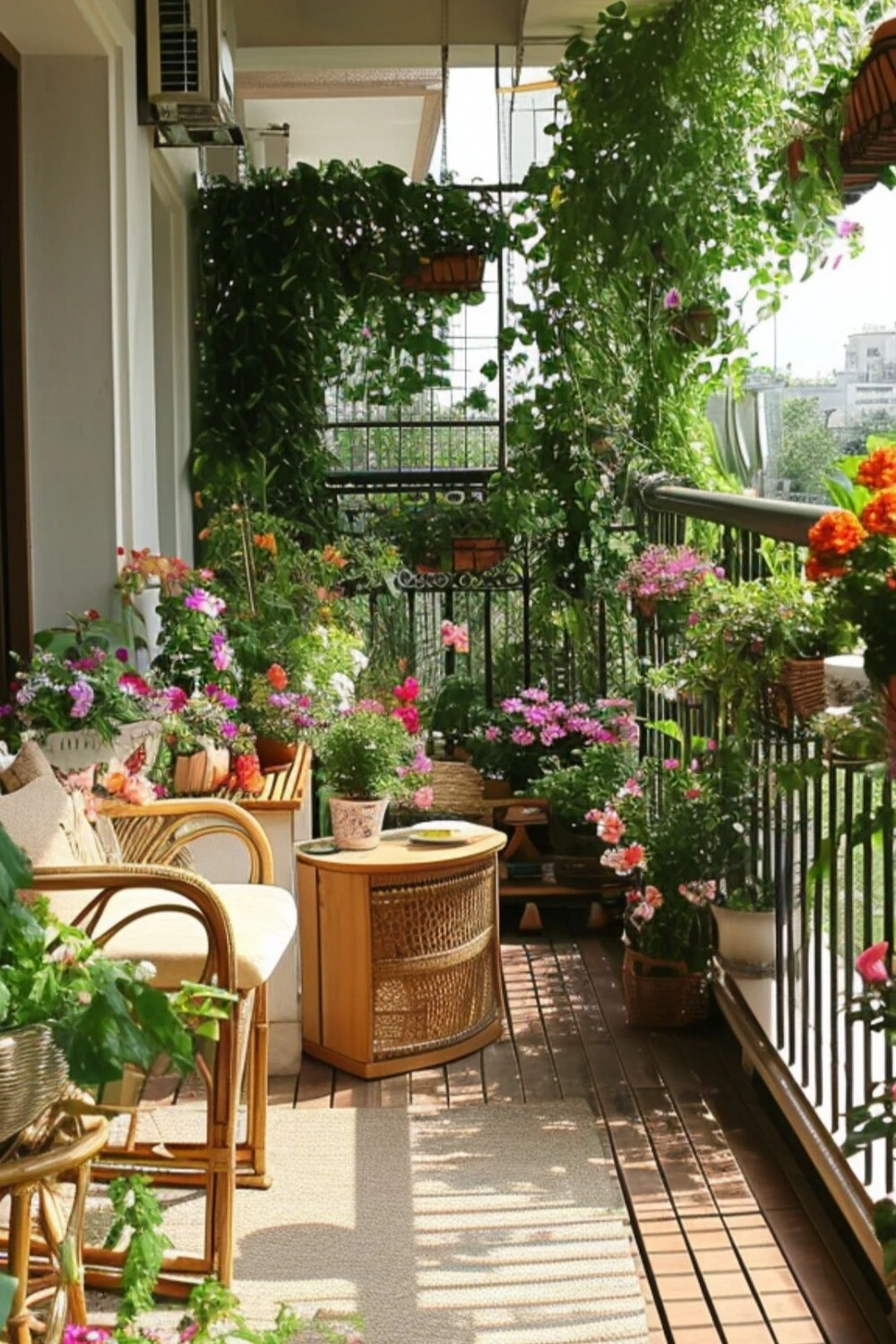a balcony garden with cozy seat