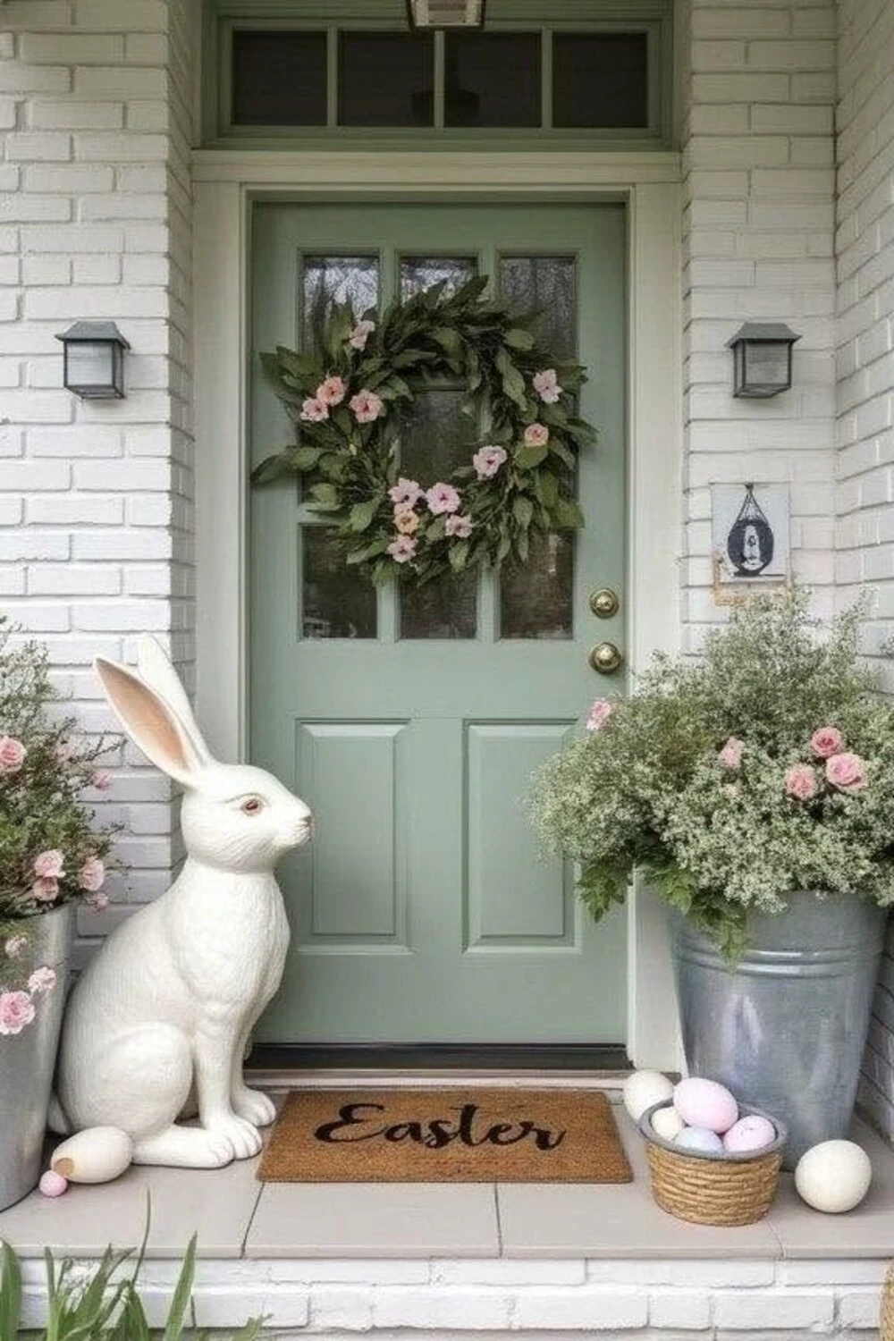 a porch with a big white bunny figure and a wreath