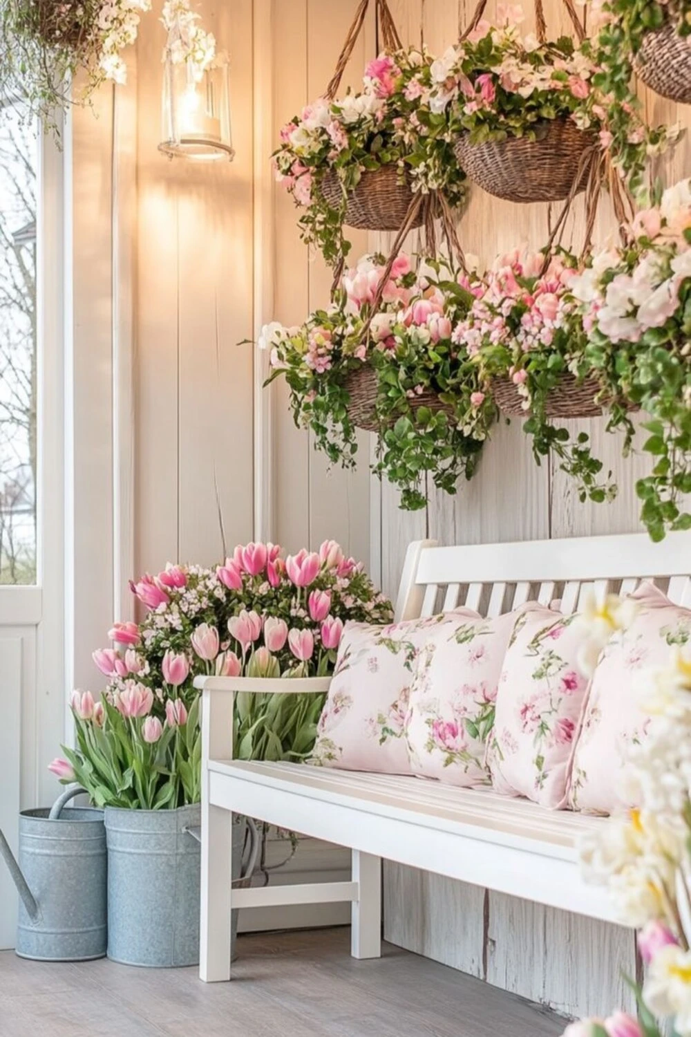 a porch with a long chair and pink pillows