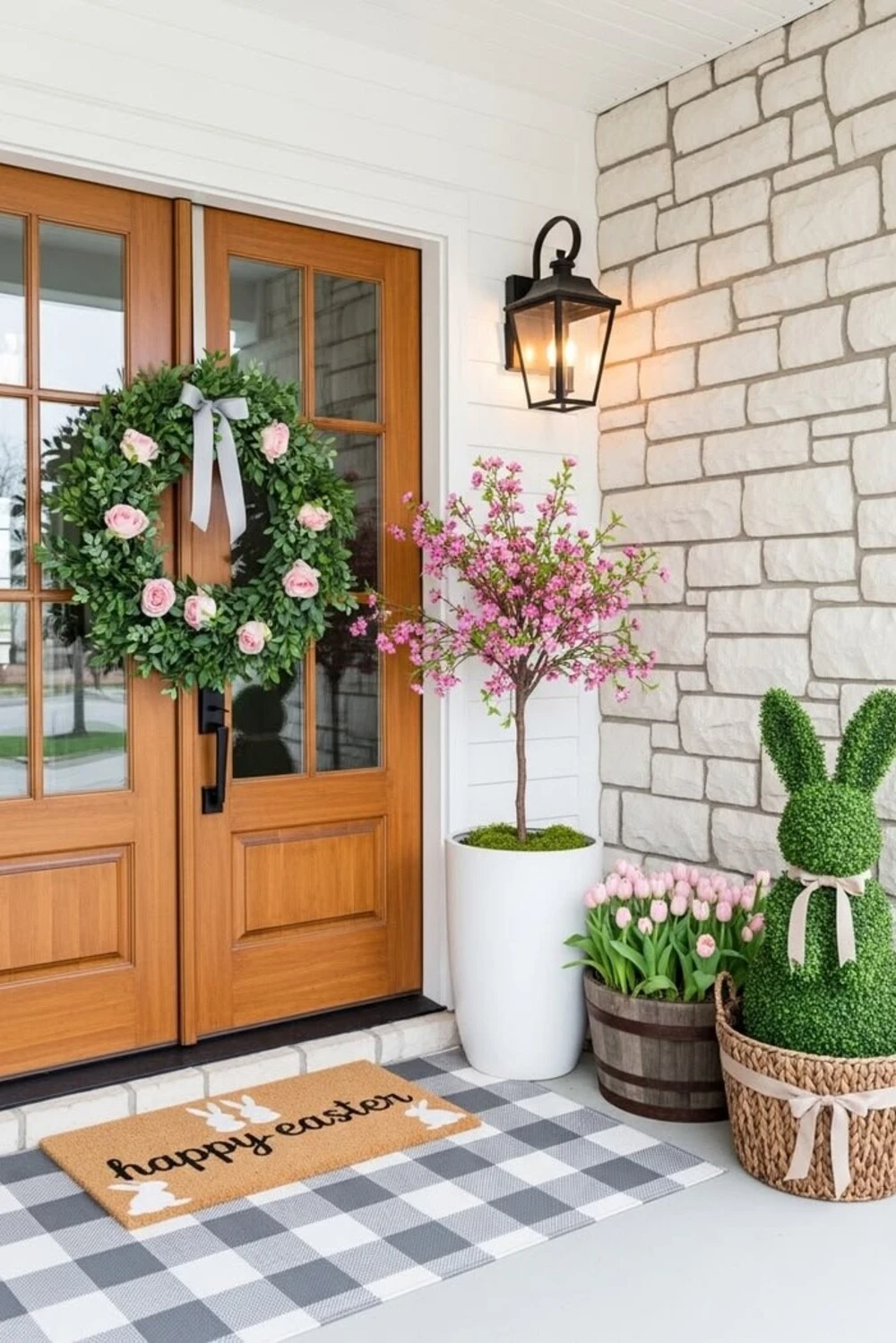 a front porch with wreath, rug, and doormat