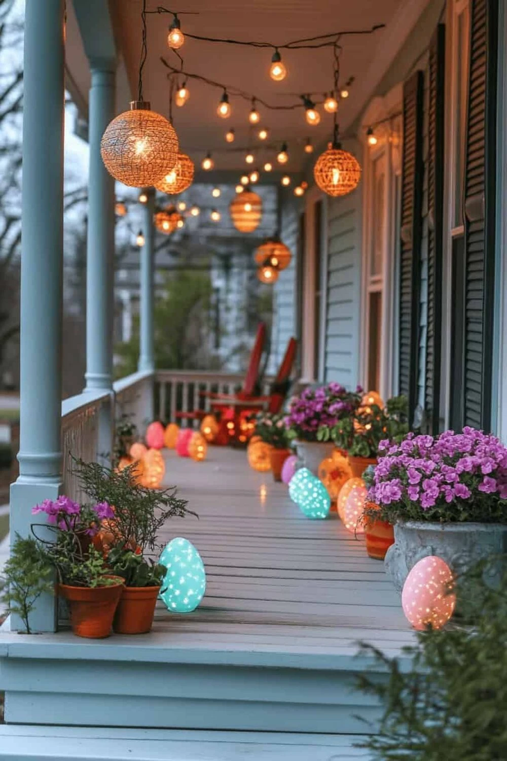 a front porch with shinny eggs, string light, and lanterns