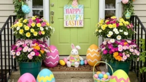 a front porch with colorful easter eggs, wreath, and sign