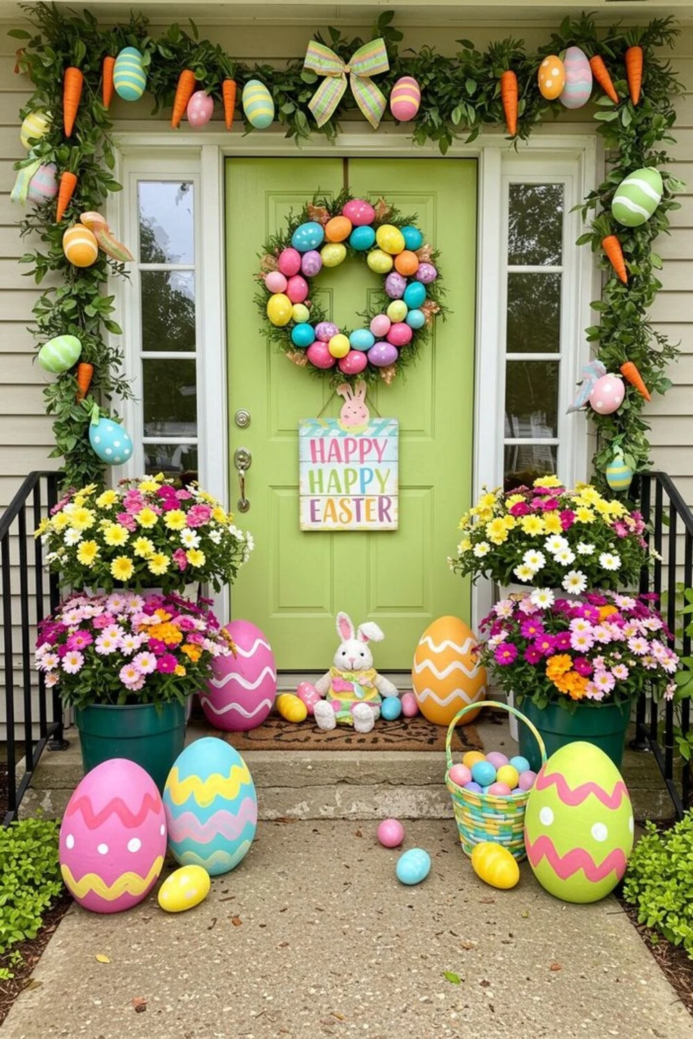 a porch with colorful wreath and happy easter sign