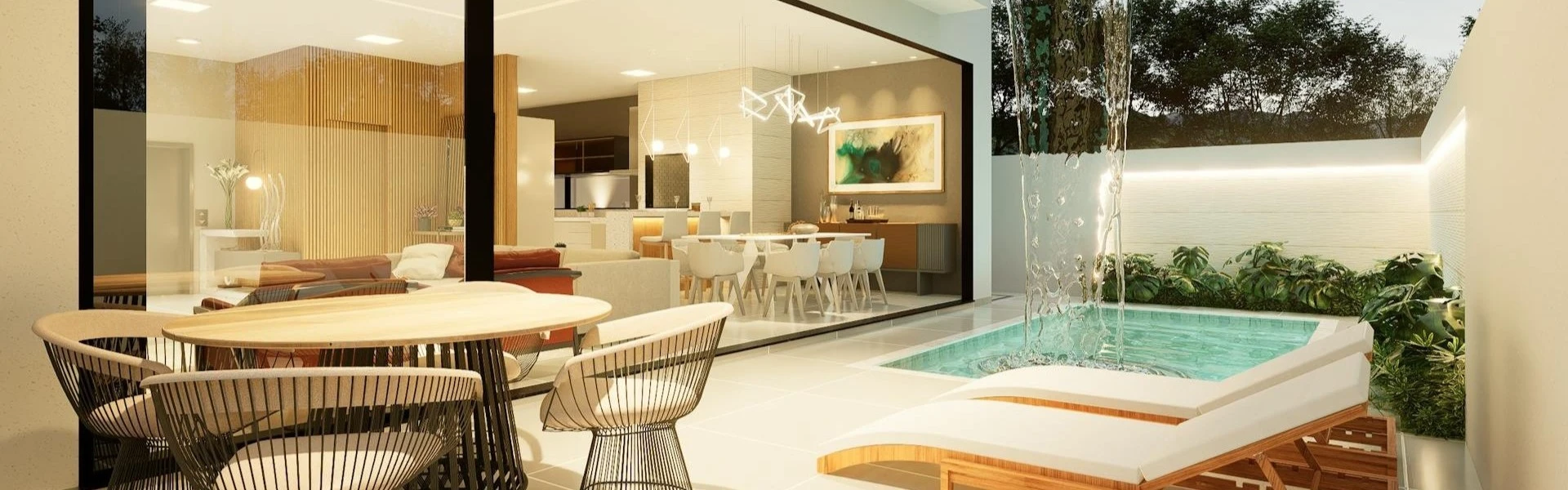 a modern outdoor patio with pool and light