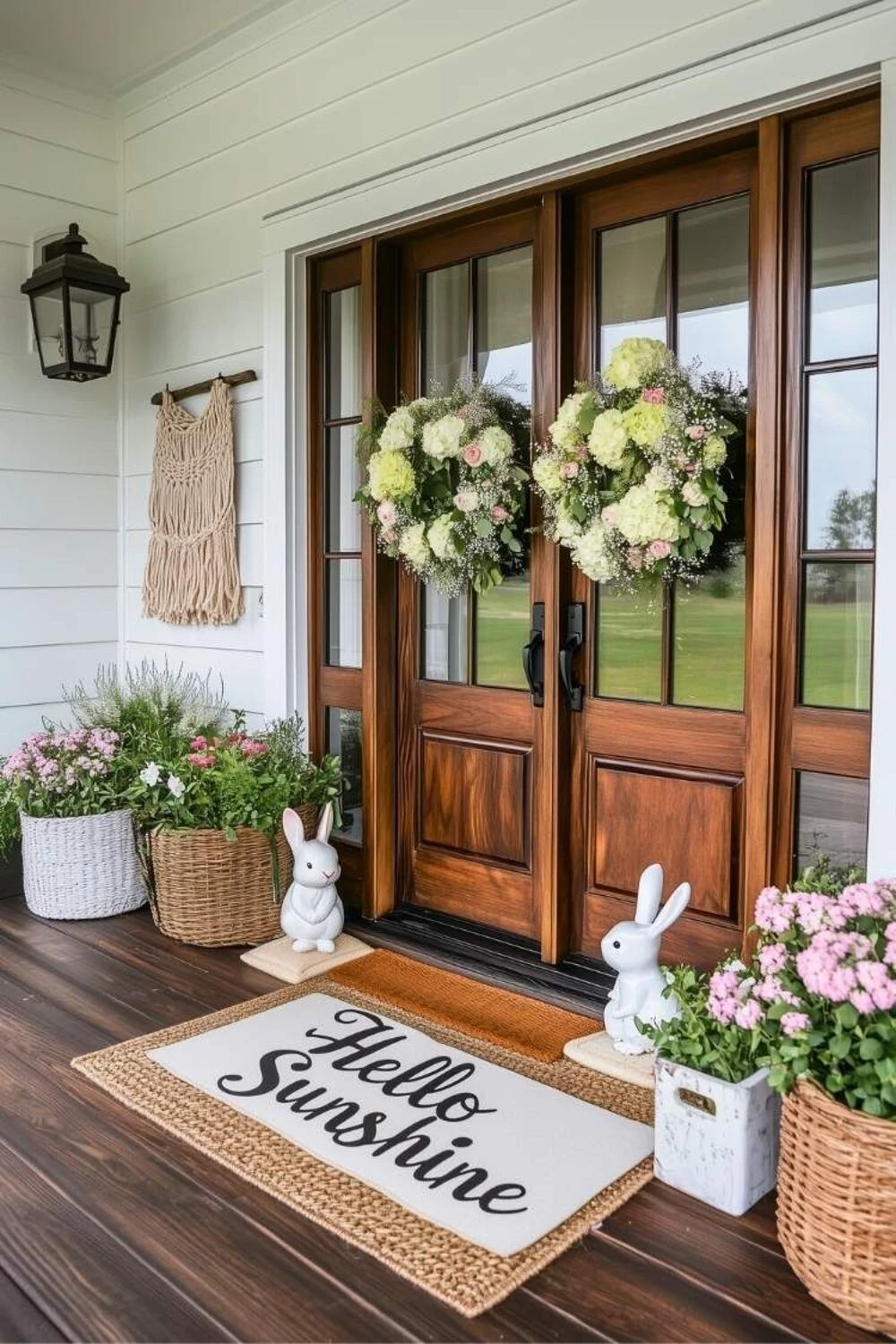 a spring front porch with flower wreath, rug and wall decor