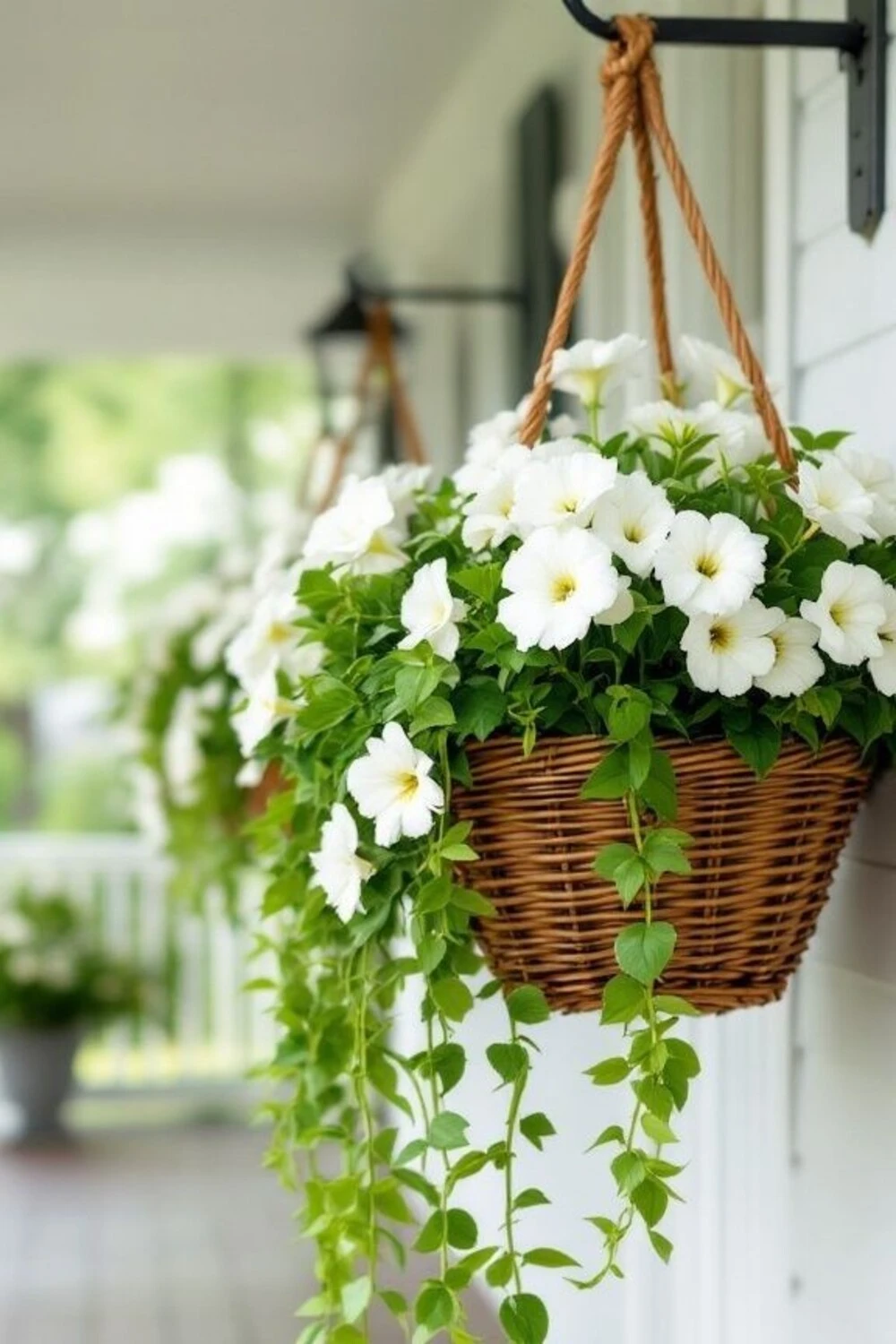 a spring front porch with flowers in the hanging baskets