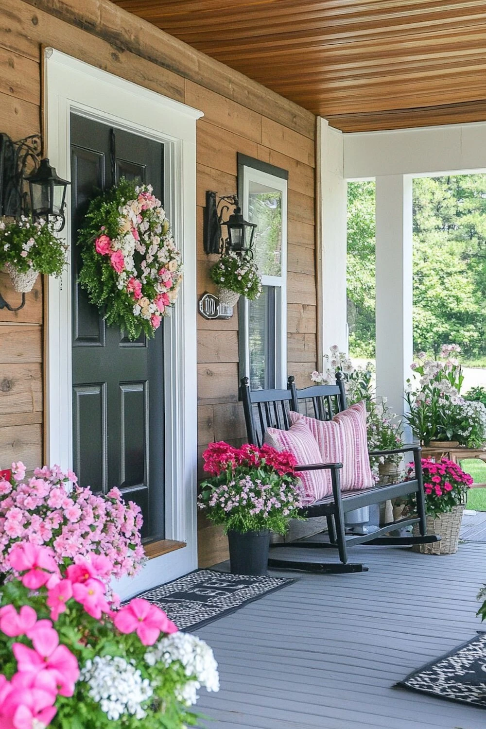a spring front porch with a rock chair and pink flowers