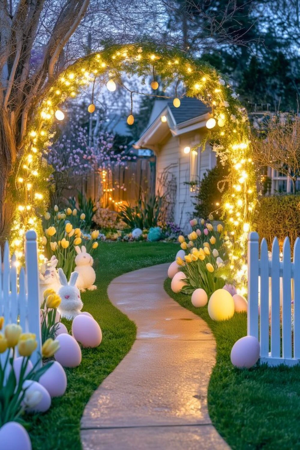 a easter lawn with bunny, eggs, and string light