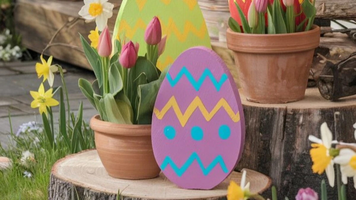 a easter lawn with wooden eggs near the pots