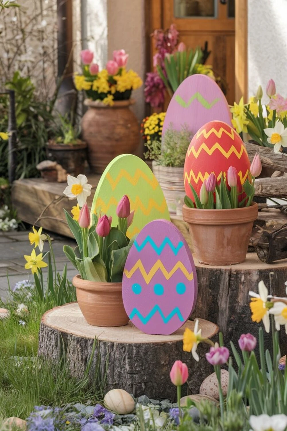 a easter lawn with wooden eggs near pots