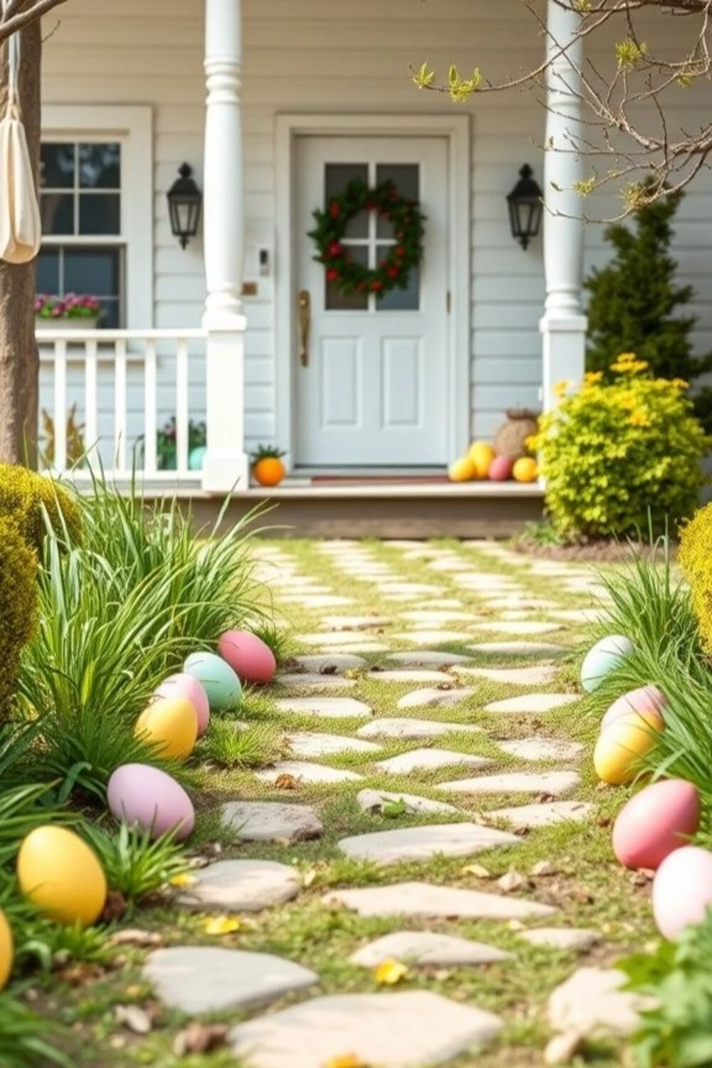 a easter lawn with decorative eggs near path