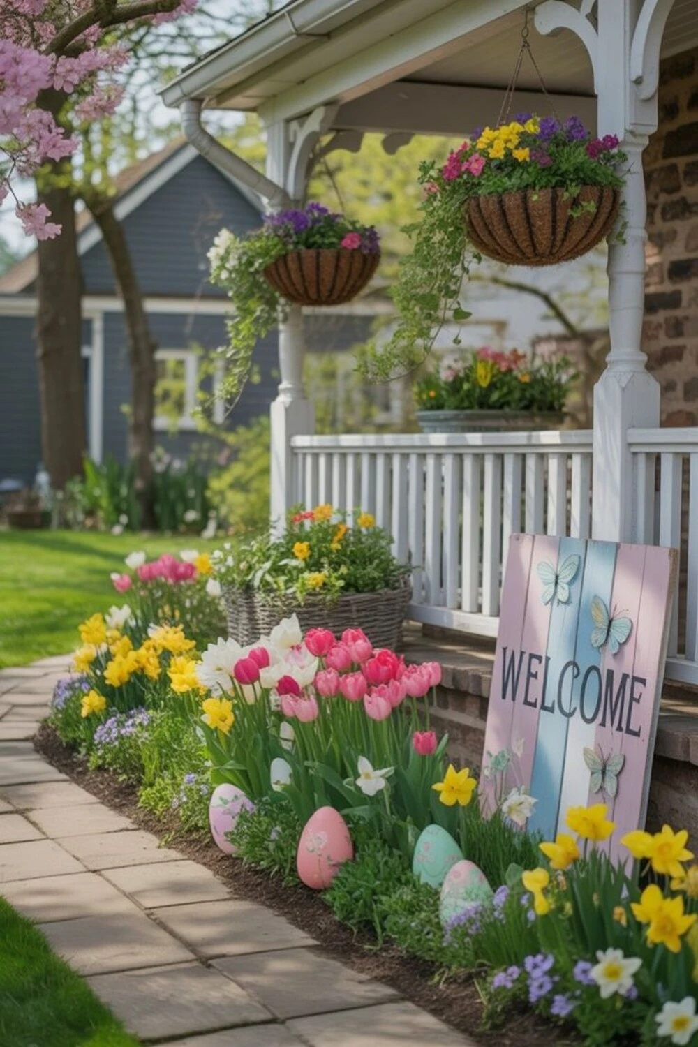 a easter lawn with flowers and welcome sign near the path