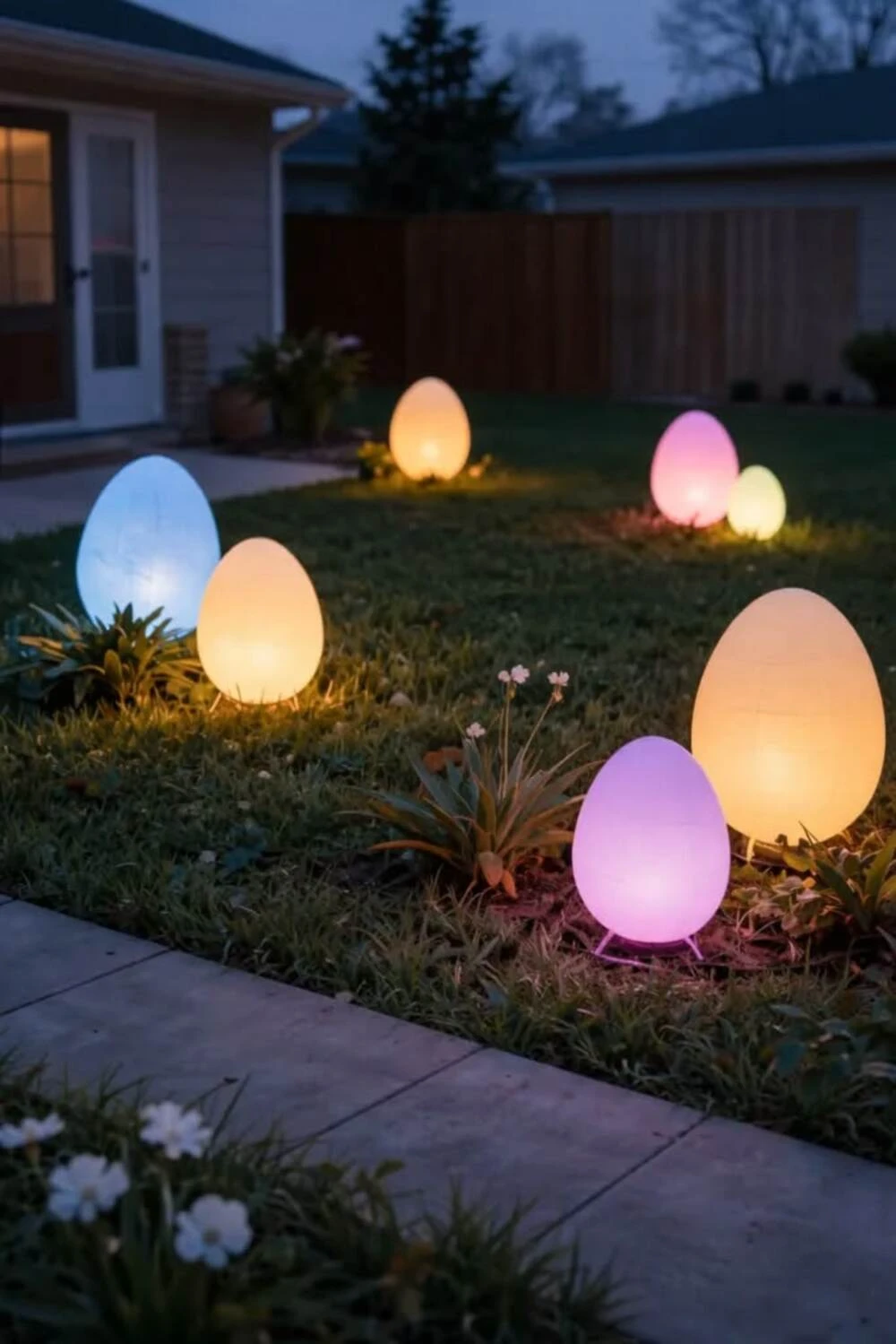 a easter lawn with illuminated eggs