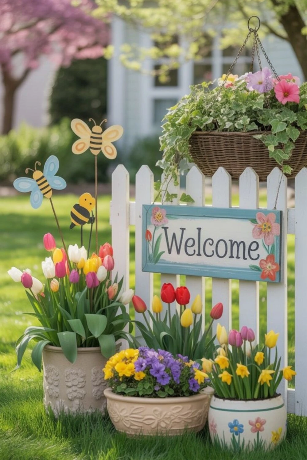 a easter lawn with welcome sign and flowers near the fence