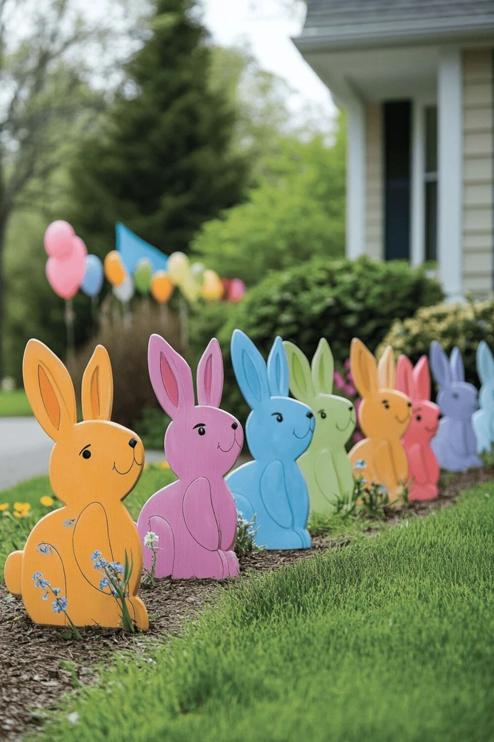a easter lawn with wooden bunnys