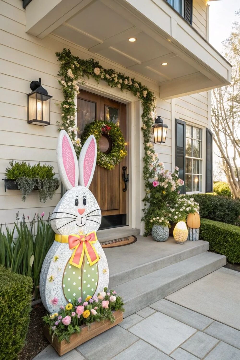 a easter lawn with wreath on gate, big bunny status near the stair