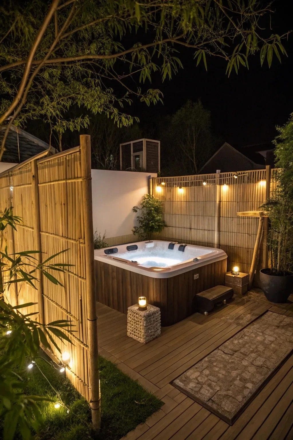 a hot tub with bamboo screen