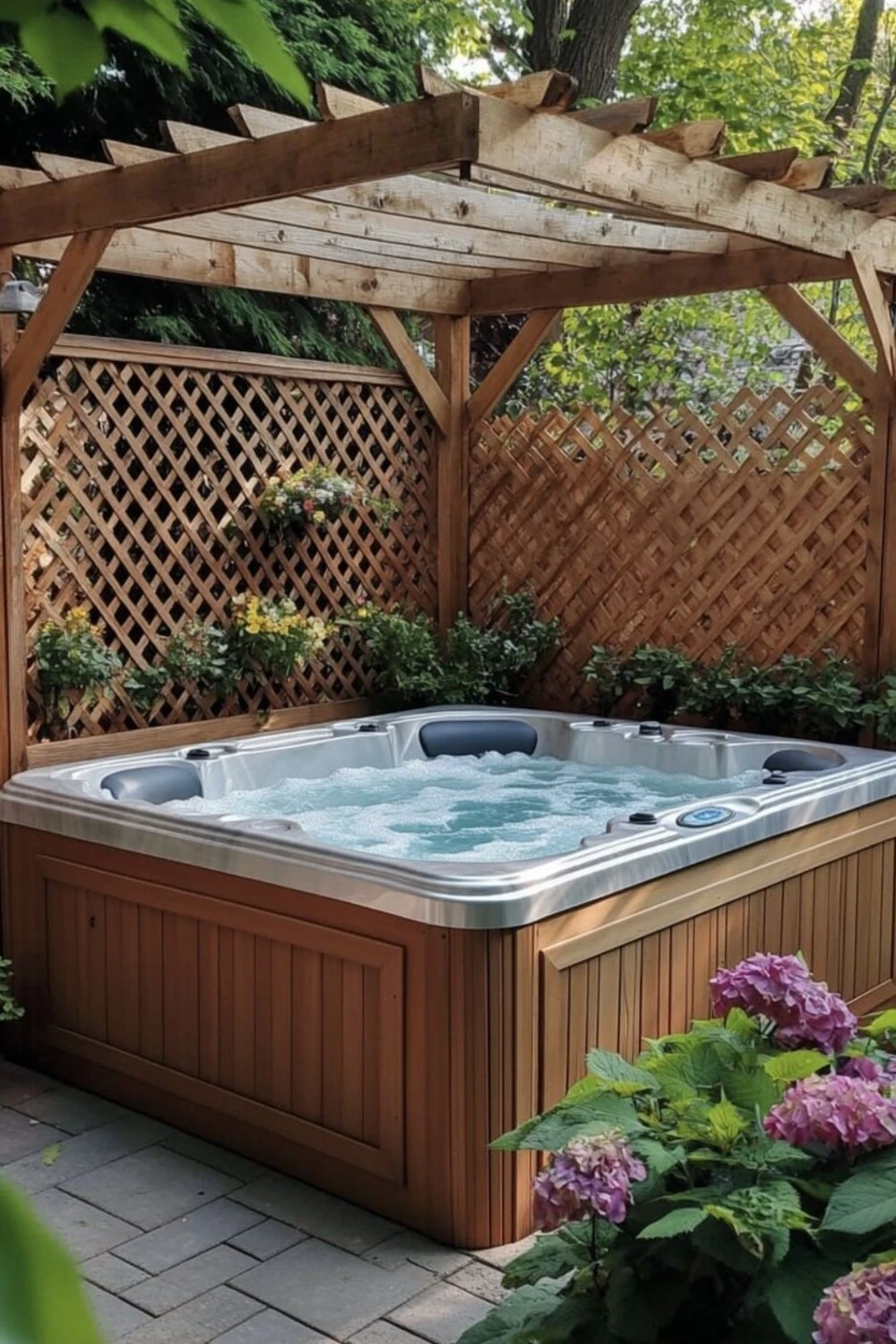 a hot tub with lattice