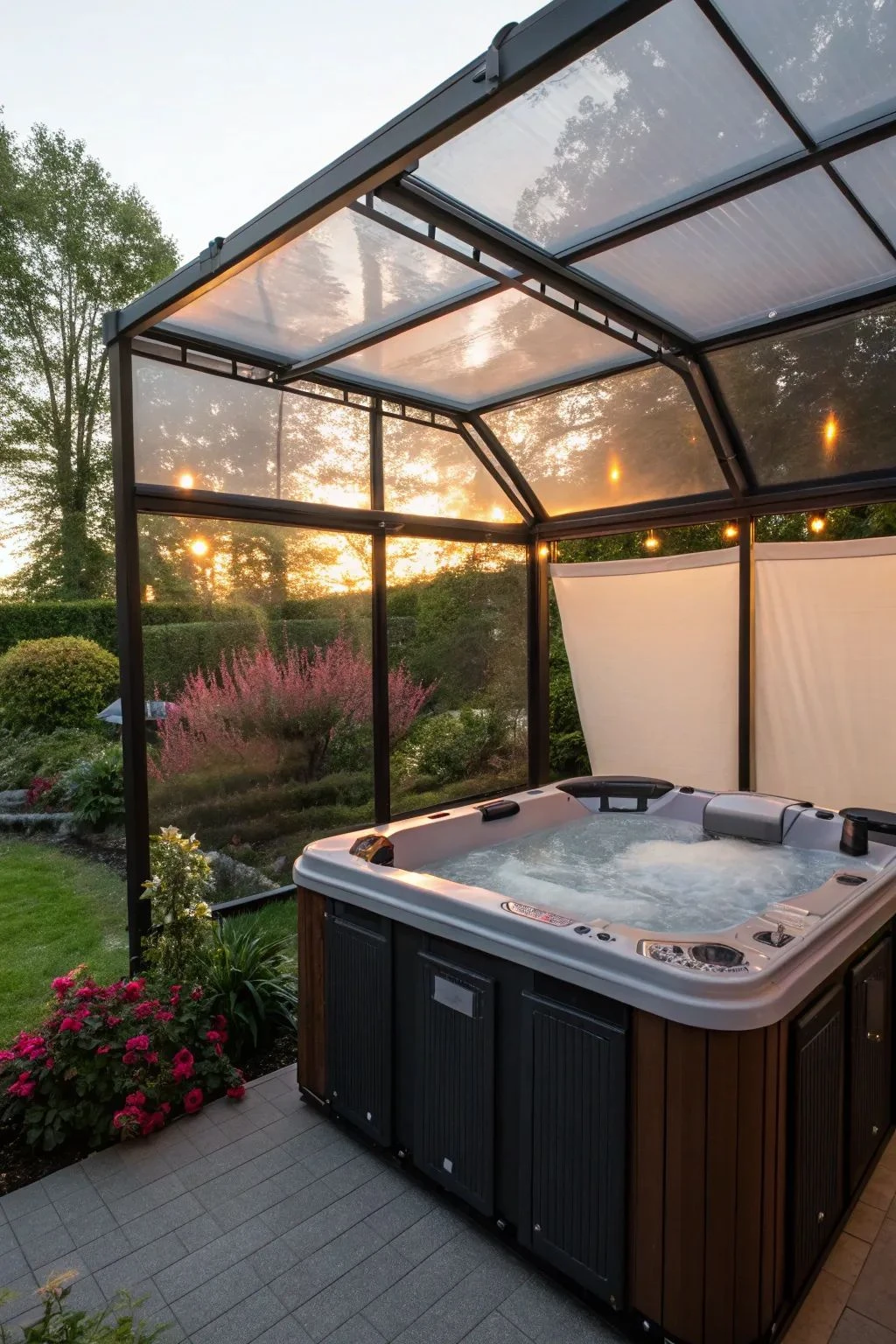 a hot tub gazebo with glass walls