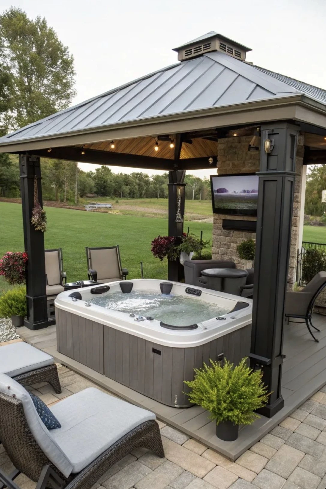 a hot tub gazebo with seating