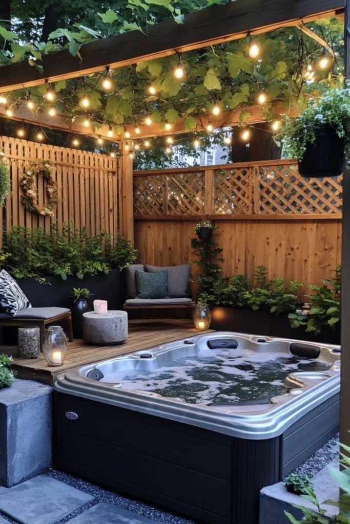 a hot tub gazebo with string light