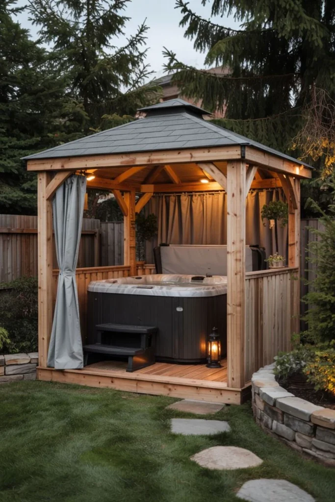 a hot tub with rustic wooden gazebo