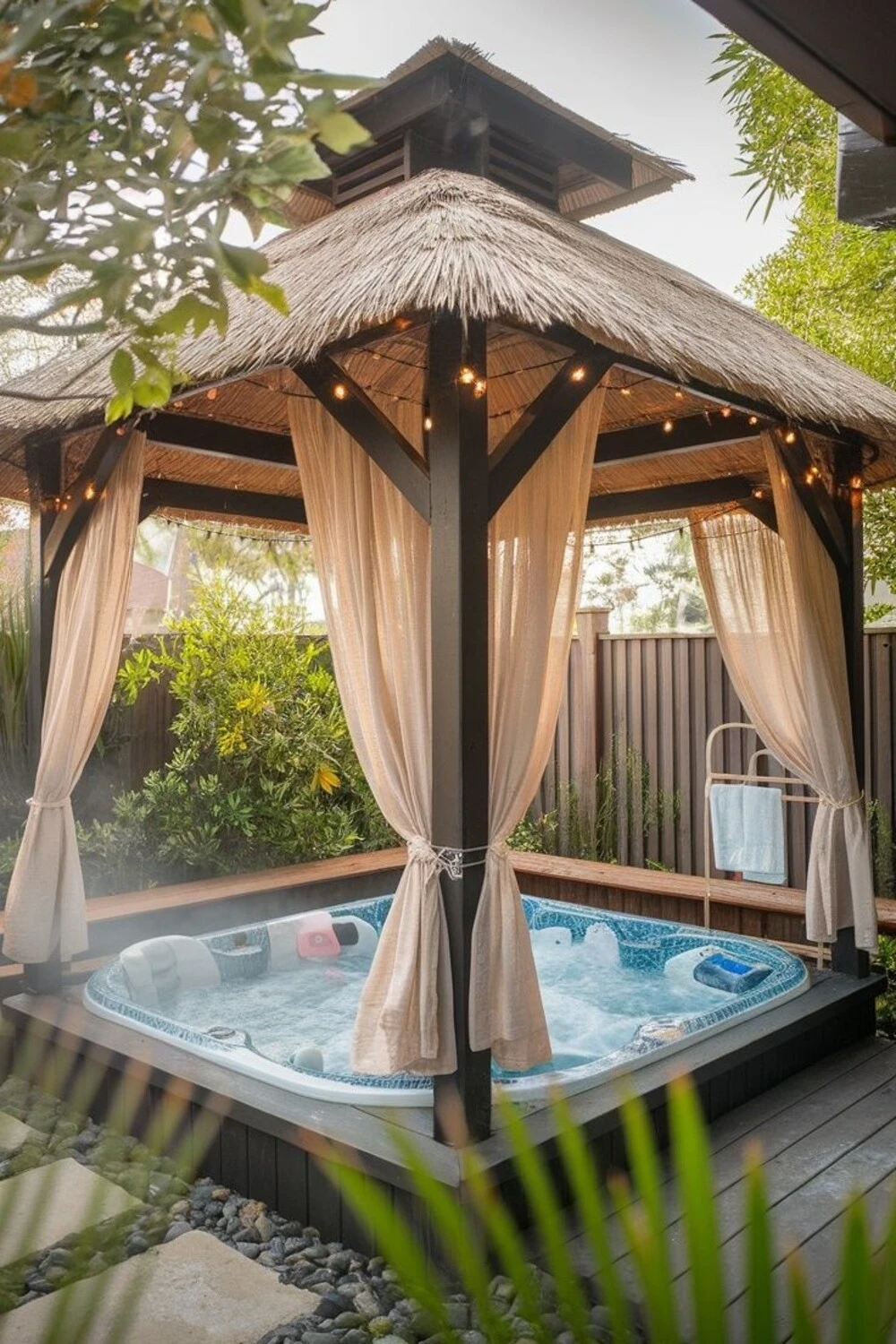 a hot tub with thatched roof tropical gazebo