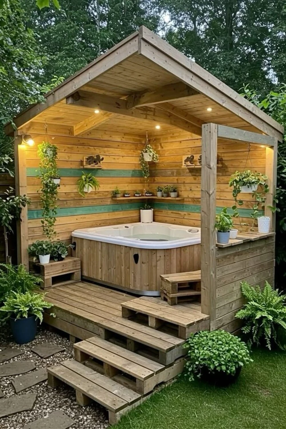 a hot tub with corner gazebo