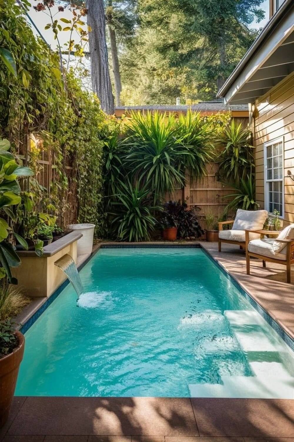 a small backyard narrow gap pool near fence