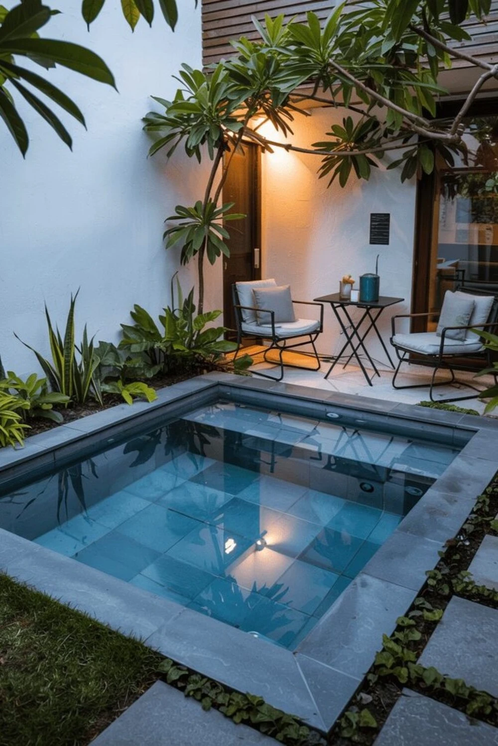 a small backyard pool with built-in bench
