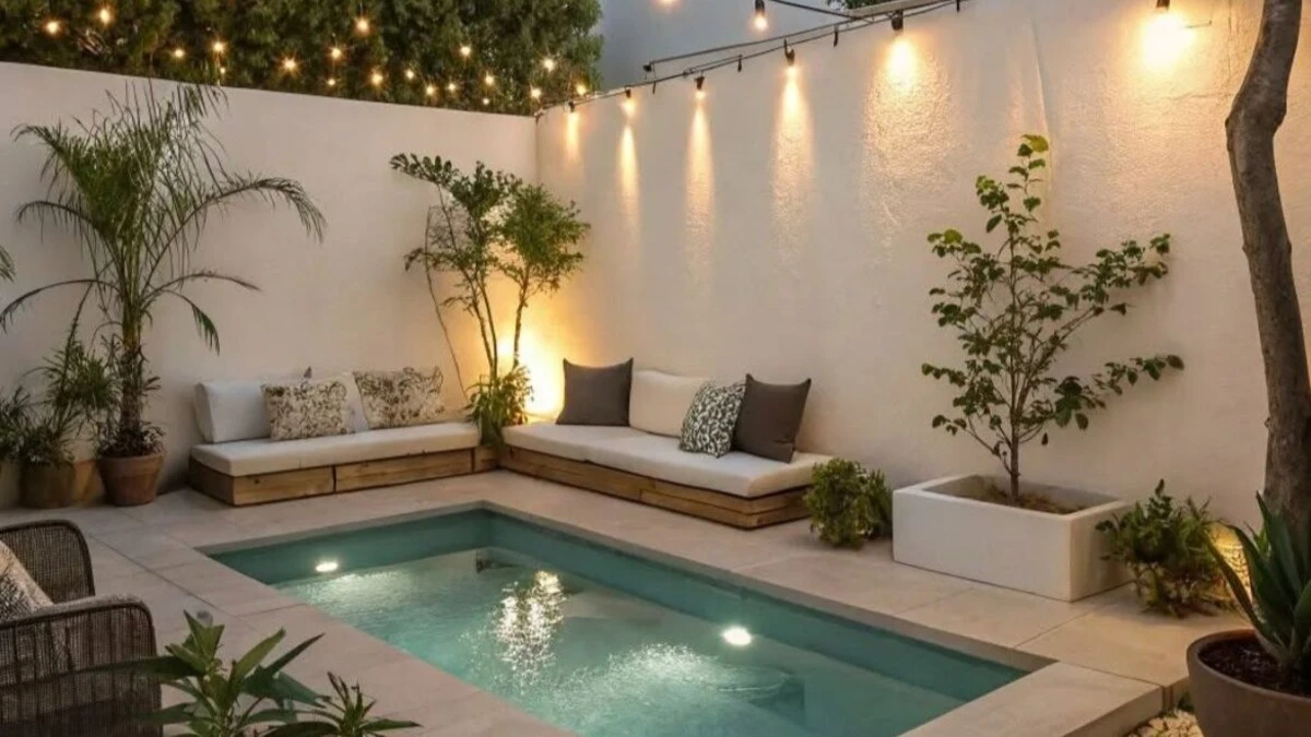 a small backyard pool with led lights