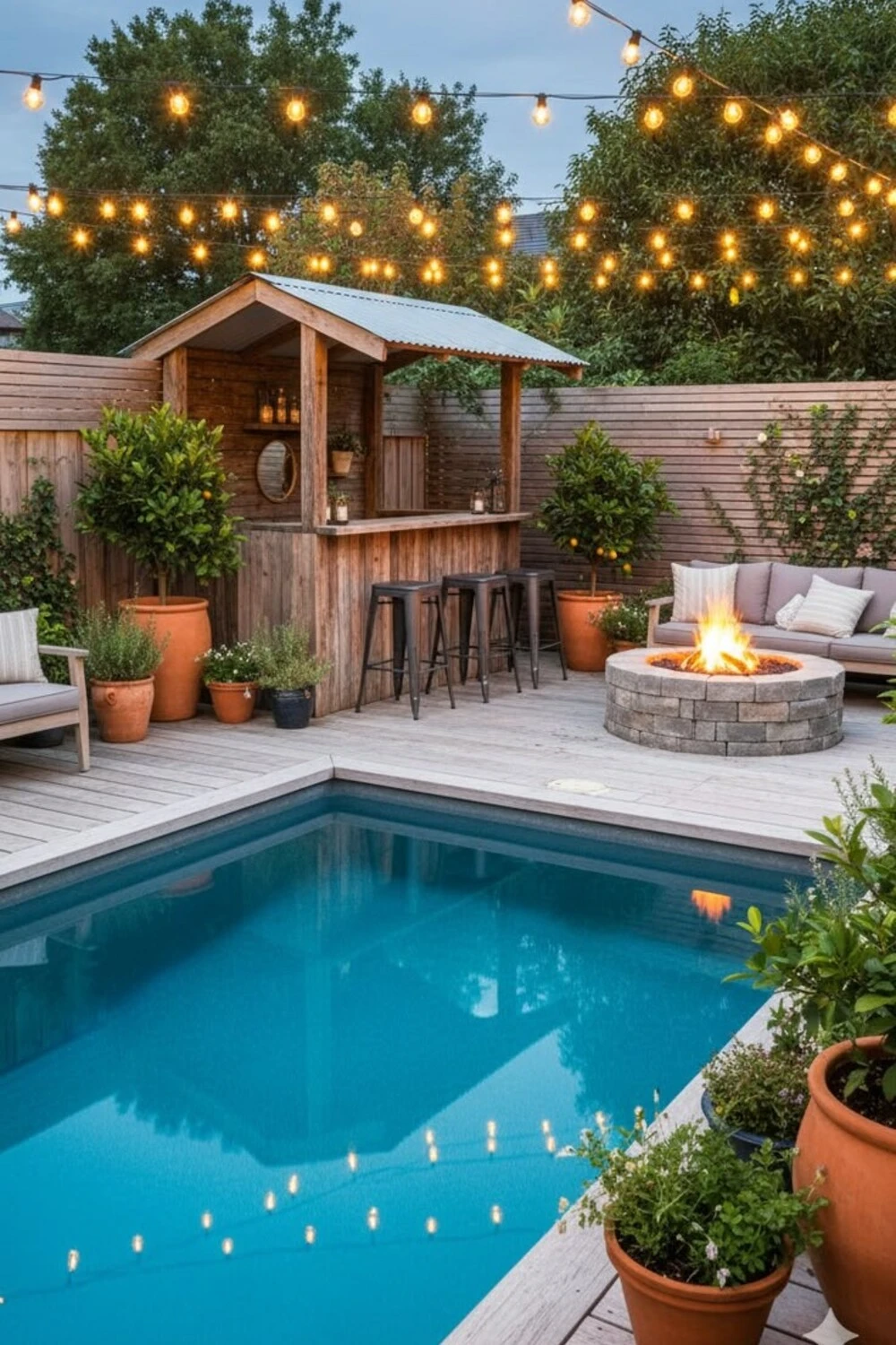 a small backyard pool with fire pit